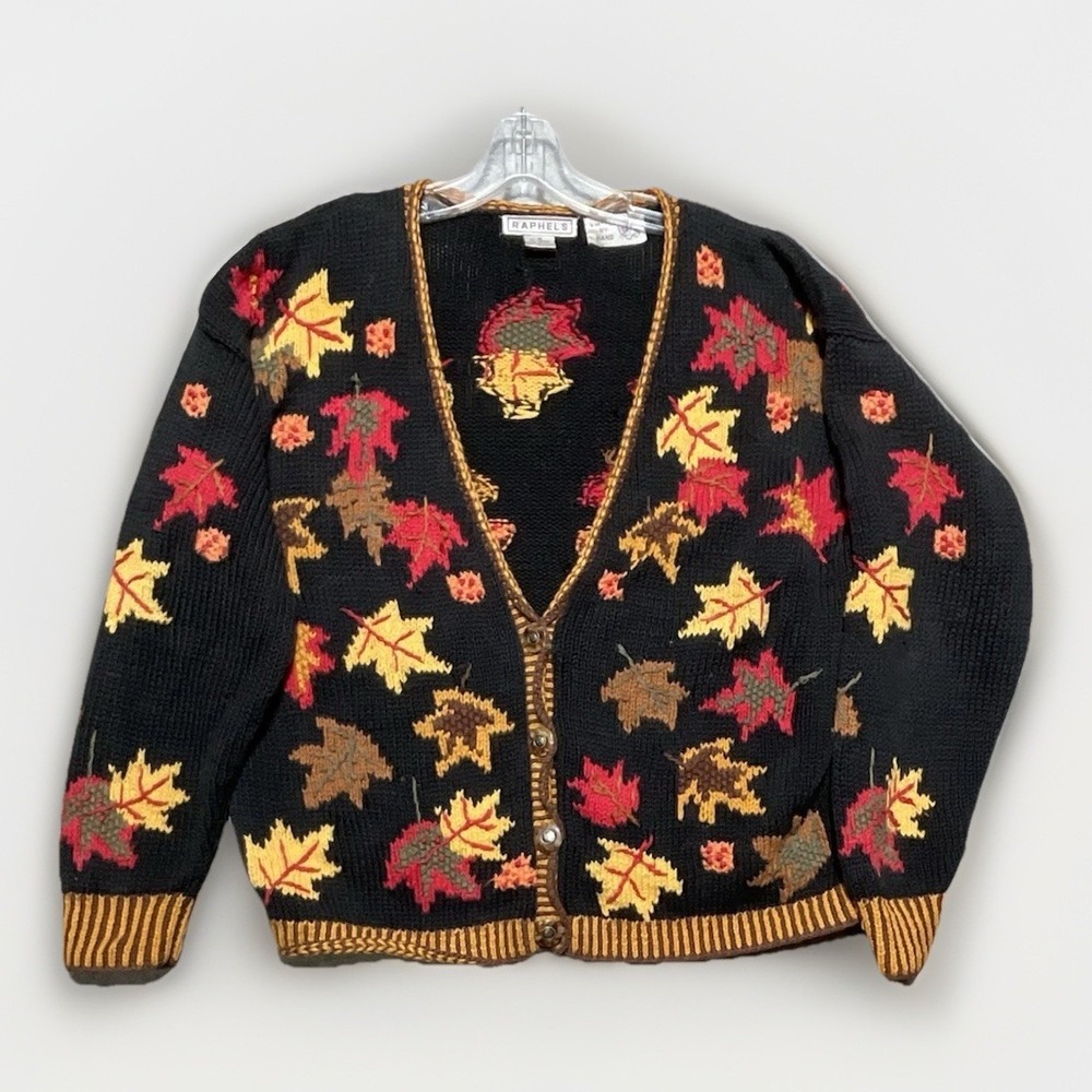 Vintage Raphels Fall Leaves Hand Knit Cardigan Sweater Womens M Cottagecore